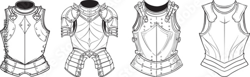 medieval knight breastplate armor black outline illustrations