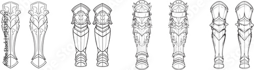 medieval knight leg armor greaves black line art illustrations