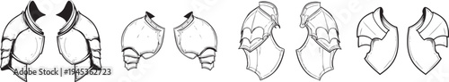 medieval knight pauldrons shoulder armor black line art illustrations