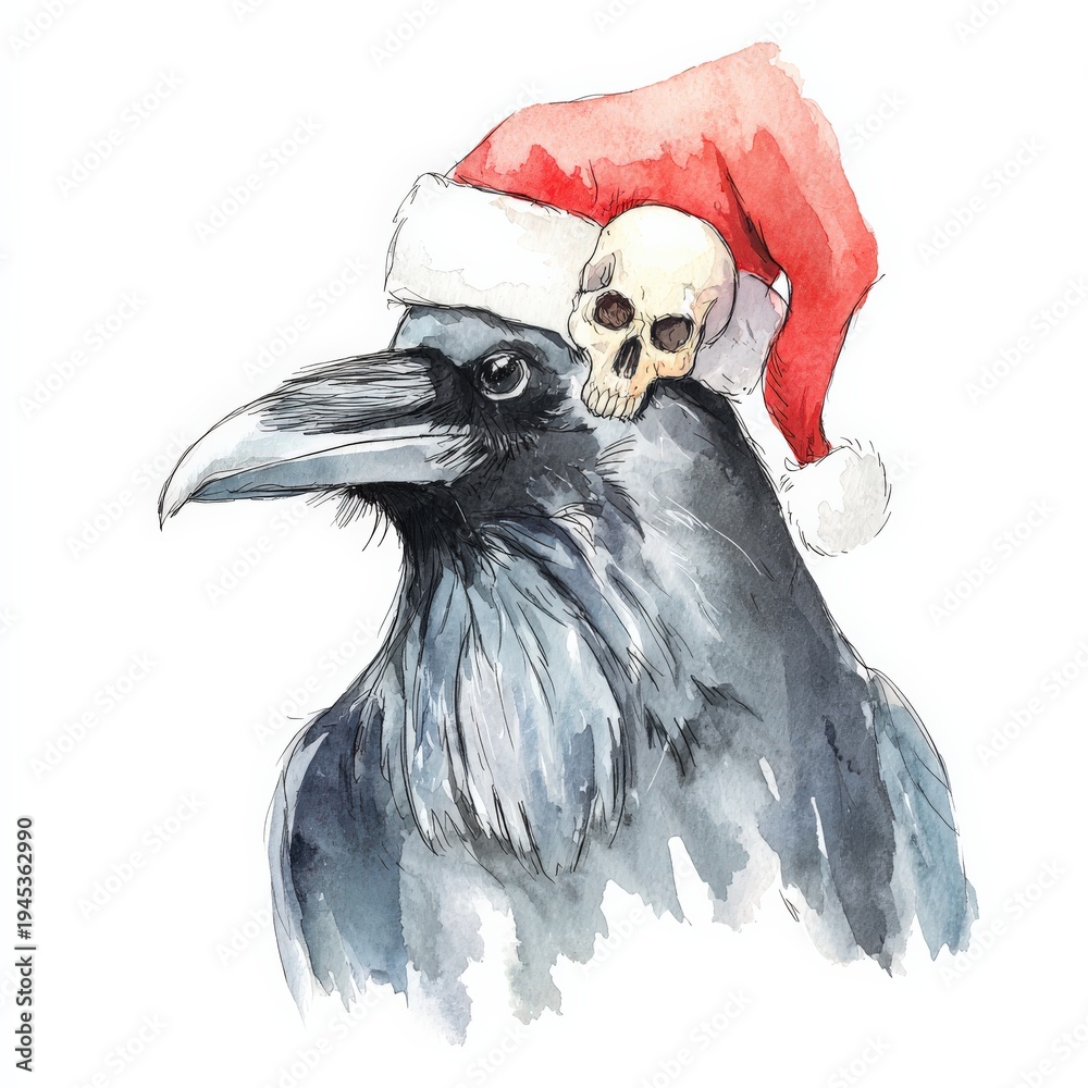 Obraz premium Gothic Christmas Raven In Santa Hat Watercolor Illustration Symbolizing Dark Winter Holiday And Mysterious Mood