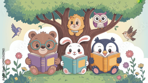 Whimsical forest scene with bear rabbit and owl reading books under a tree with flowers and birds