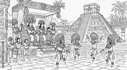 Coloring page for children - the Mayan royal family watching dancers in a large temple square