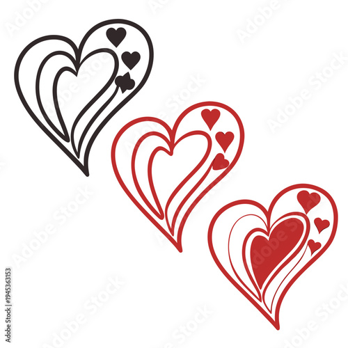 Three stylized hearts in black, red outline, and filled red with small heart accents, ideal for valentine's day, love themes, or romantic designs, heart shape