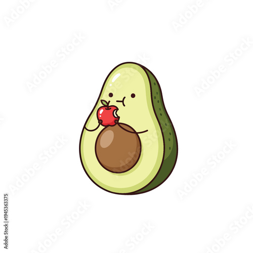 Cute Cartoon Avocado Character Happily Munching a Crisp Red Apple Illustration