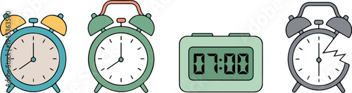 Alarm Clock Vector Icon Set Featuring Analog Digital and Broken Clocks Representing Time Management Wake Up and Schedule Concepts