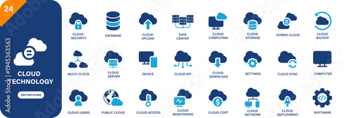 Cloud technology icon collection featuring cloud sync, data center, online storage, computer and data symbols. Solid vector icons.