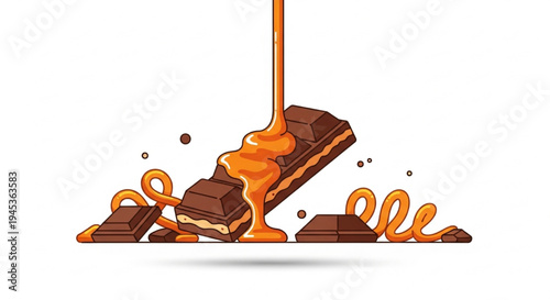Chocolate Bar with Caramel Drizzle Vector Illustration with Sweet Treats
