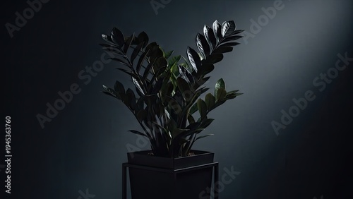 A dark, indoor ZZ plant in a modern black pot with a contrasting beam of light