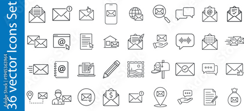 Mail communication line icons set. Collection of email service line icons, containing inbox, message, newsletter, correspondence, delivery, notification, postal mail and more.