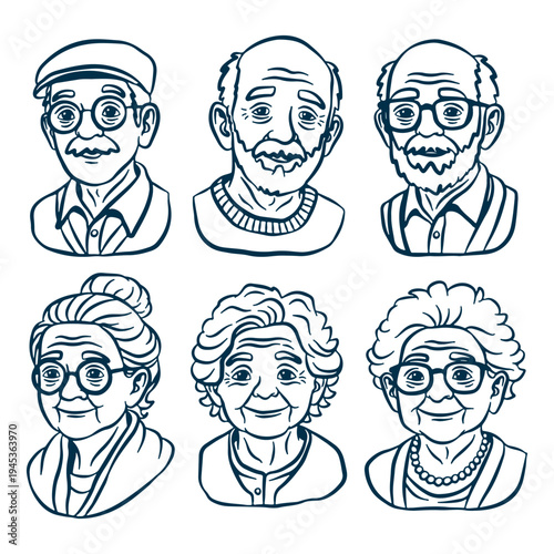 Set of hand drawn senior man and woman faces. Monochrome vector illustration of aged people isolated on white background.