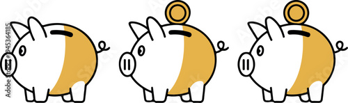 Minimalist Piggy Bank Line Art Set with Yellow Accent Hand Drawn Finance Saving and Money Management Vector Illustration