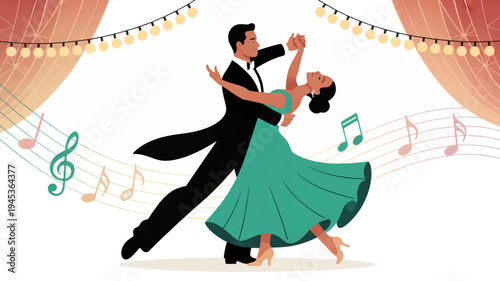 Couple dancing ballroom waltz elegant man and woman in formal attire musical notes and curtains background