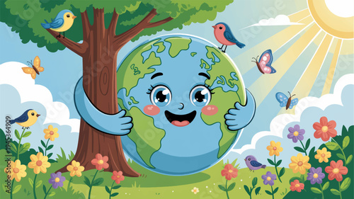 Smiling earth character hugging tree surrounded by colorful flowers birds and sunny sky with clouds
