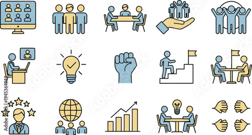 Corporate leadership and human resources icons showing team building success and global networking