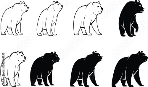 Bear silhouette set with walking grizzly bear outlines and black filled wildlife animal icons for nature design vector illustration