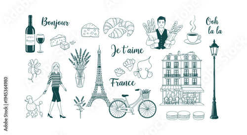 Collection of hand drawn French symbols like Eiffel Tower, croissants, baguettes, wine and cheese