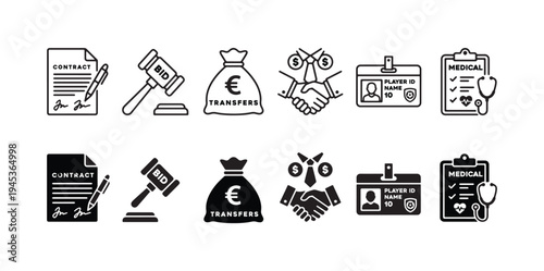 Legal and Business Transaction Vector Icon Set – Contract, Auction Hammer, Money Bag, Handshake, ID Card, Clipboard