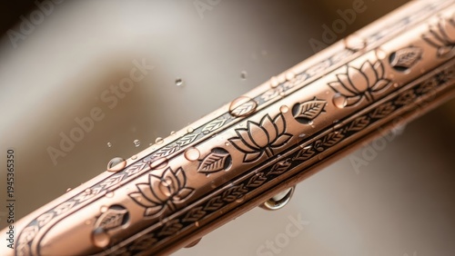 Wallpaper Mural Close-up of ornate copper metal object with lotus flower engravings and water droplets Torontodigital.ca