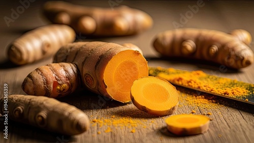 Wallpaper Mural Close-up of cut & whole turmeric rhizomes on wood, with ground powder Torontodigital.ca