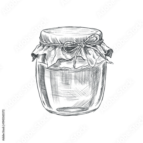 Hand drawn vintage honey jar in pencil sketch engraving style. Detailed honey container illustration isolated on white background for packaging design, labels, beekeeping and natural product branding