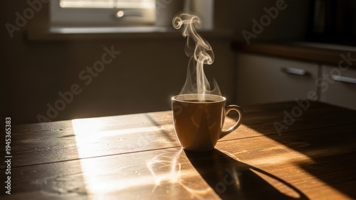 Wallpaper Mural Warm morning scene; coffee mug with steam on wooden table, sunlight from window Torontodigital.ca