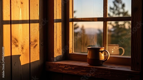 Wallpaper Mural Sunlight warms a mug of steaming beverage on a windowsill, framed by a wooden pane Torontodigital.ca