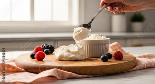 Wallpaper Mural Creamy dollop of dairy being scooped from a small ramekin with fresh berries on wood board Torontodigital.ca