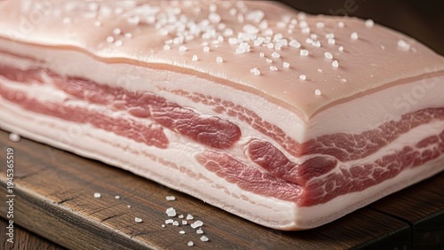Wallpaper Mural A close-up of a raw, rectangular slab of pork belly sprinkled with coarse salt Torontodigital.ca