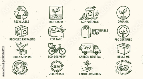 Hand-Drawn Eco-Friendly and Sustainable Lifestyle Icons Illustrating Environmental Responsibility, Green Initiatives, and Conscious Consumption Practices