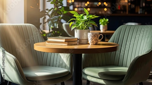 Wallpaper Mural Cozy cafe corner with chairs, round table, books, plants, and a patterned mug bathed in sunlight Torontodigital.ca