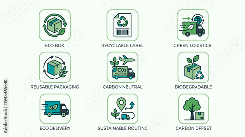 Eco-friendly packaging, transport, and delivery icons representing sustainability