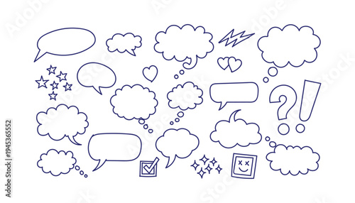 Collection of various blue speech bubbles and thought clouds