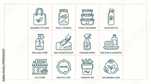 Set of line icons illustrating eco-friendly products and sustainable living practices, featuring reusable items, recycling symbols, and natural resources