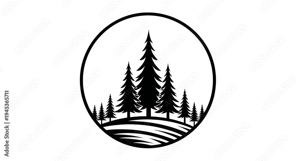 Obraz premium A black and white illustration of pine trees on a hill