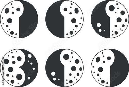 Moon Phase Icon Set Illustrating Lunar Cycle from New Moon to Full Moon with Crater Details for Astronomy Education