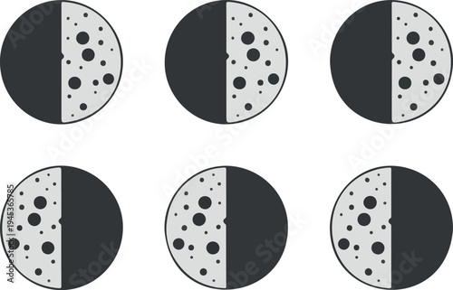 Moon Phase Icon Set Illustrating Lunar Cycle from New Moon to Full Moon with Crater Details for Astronomy Education