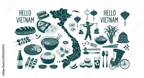 Vietnam Travel and Food Culture Vector Illustration Set with Map, Traditional Dishes, and Landmarks.