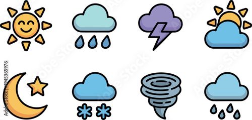 Colorful weather icon set including sun cloud rain snow thunder storm moon and tornado symbols for forecast app UI vector design