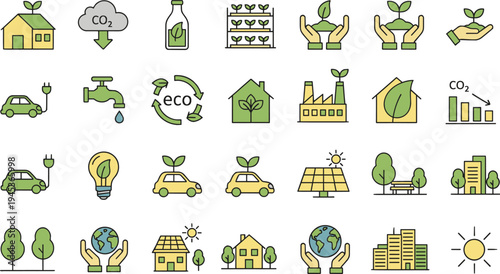 Eco friendly environment icons set featuring green energy sustainability and renewable power symbols