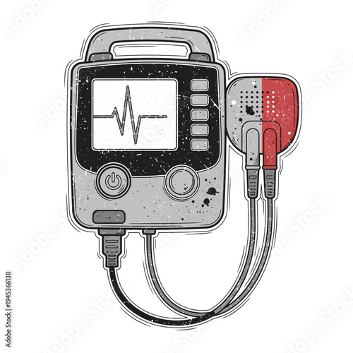 Defibrillator device with ECG monitor display, medical equipment, cardiology illustration