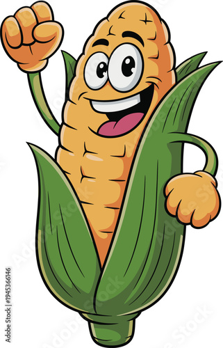 happy corn cartoon mascot, smiling maize character illustration, cute vegetable mascot, agriculture food character, sweet corn cartoon design