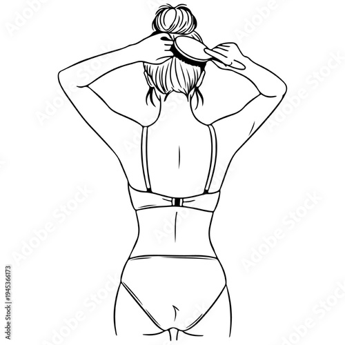 Woman Brushing Hair Back View Line Art Beauty Routine Illustration