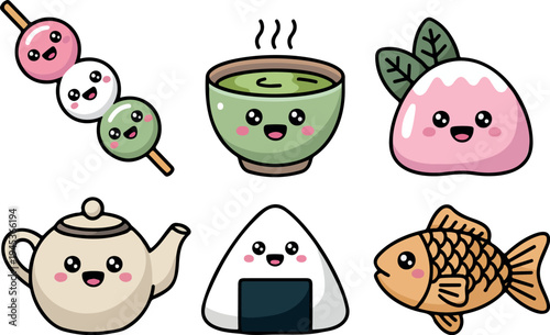 Assorted Japanese Snacks and Tea Set with Cute Faces Featuring Dango Green Tea Mochi Onigiri and Taiyaki Cartoon Characters