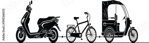 Black silhouette scooter bicycle and auto rickshaw lineup isolated on white background urban transport vector illustration set minimal city mobility