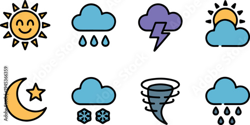 Colorful weather icon set including sun cloud rain snow thunder storm moon and tornado symbols for forecast app UI vector design