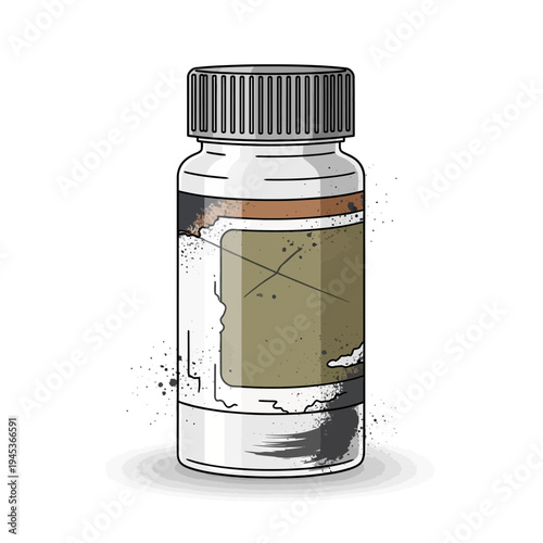 Medicine bottle with label and grey cap, abstract paint splashes