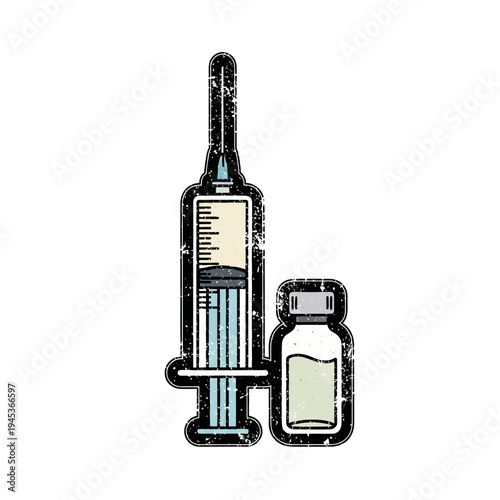 Medical syringe and vial icon with distressed texture