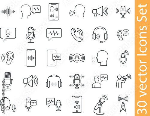 Voice communication line icons set. Collection of audio technology line icons, including microphone, speech, megaphone, phone call, headset, sound wave, hearing and more.