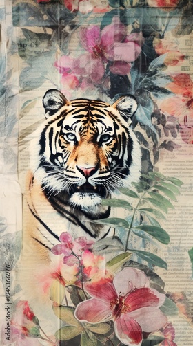 Wallpaper ephemera pale Tiger Antique tiger wildlife painting.