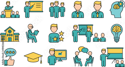 Set of icons representing education training people and ideas for teaching and learning activities on transparent background